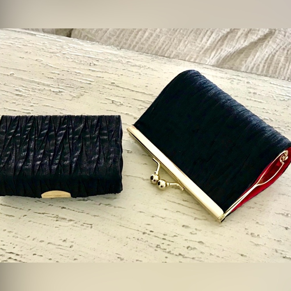 Vintage lipstick case and coin purse duo - black with gold trim and red lining